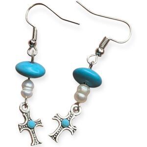 Y2K Silver Tone Turquoise Pearl Cross Drop Earrings Blue White Southwestern Boho